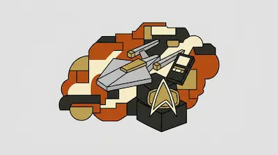 A stylized shuttlecraft, communicator, and Starfleet insignia badge set against a background of abstract geometric shapes.