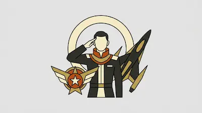 A person in a military uniform salutes, flanked by a jet and a winged star emblem.