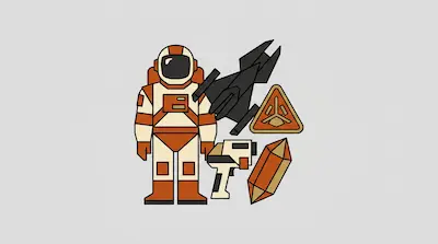 Stylized icons of an astronaut, a spaceship, a triangular emblem, a futuristic tool, and a crystal.