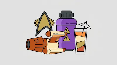 A collection of flat-style icons featuring a Star Trek insignia, a purple canister with warning symbols, a spaceship, and a layered cocktail.