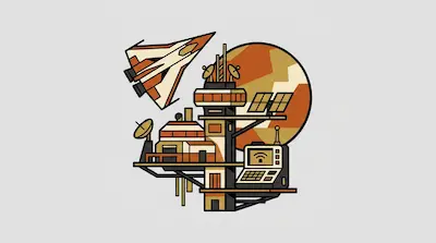 A stylized space base with a control tower, satellite dishes, and a computer terminal, featuring a spaceship flying past a large orange planet.