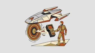 A person in a tan and orange suit holds a handheld device near a circular energy field with a spaceship hovering above.