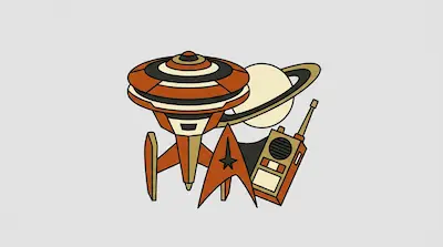 A stylized starship, a ringed planet, a delta insignia, and a communicator device in a retro color palette.