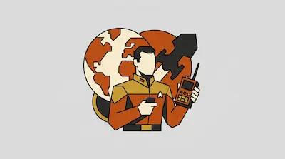 A person in a futuristic orange and yellow uniform holds a handheld device and a radio in front of a globe and a rocket ship.