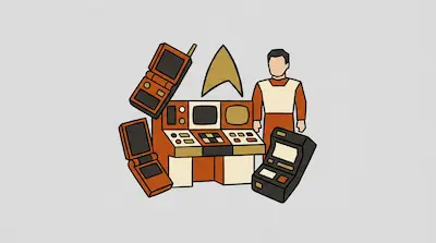A person in a futuristic uniform stands among a control console, a delta insignia, and several handheld electronic devices.