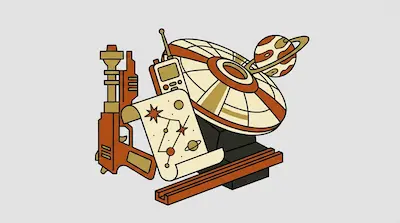 A collection of retro-futuristic space-themed objects including a ray gun, a star map, and a satellite dish.