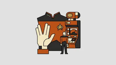 A stylized graphic featuring a Starfleet uniform, a Vulcan salute hand gesture, a small figure, and a futuristic device.