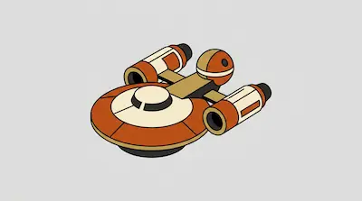 A stylized orange and white spaceship with a circular body and two large engines.