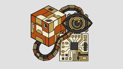 A patterned cube, a mechanical eye, and a circuit board connected by a segmented cable.