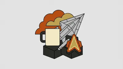 A stylized graphic featuring a white mug, a grey geometric spear, and an orange arrow icon set against orange clouds and dark blocks.