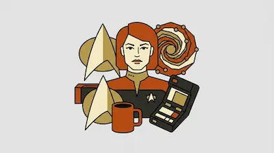 A woman in a red and black uniform surrounded by a coffee mug, a tricorder, and Starfleet insignias.