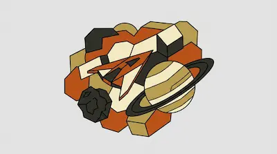 A stylized spaceship flies past a ringed planet and an asteroid, surrounded by orange and tan geometric shapes.