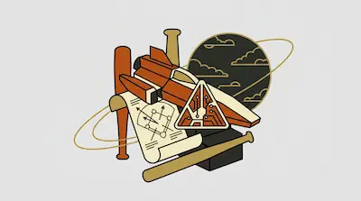 A stylized graphic of a spaceship, baseball bats, a blueprint, and a circuit-patterned triangle in front of a ringed planet.