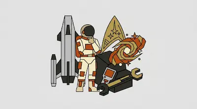 An astronaut in a white and orange suit stands among space-themed items, including a rocket, a spiral galaxy, and a wrench.