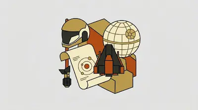 Flat illustration of a space helmet, a spherical space station, and a starship against a neutral background