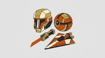 Flat illustration of a sci-fi helmet, a spherical droid, a starship, and a blade in orange and tan on a gray background