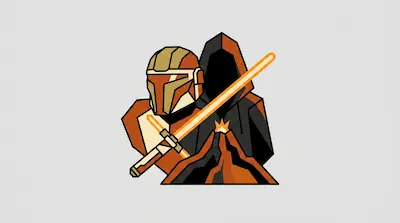 Flat illustration of a masked warrior, a hooded figure, and an orange lightsaber above a small erupting volcano