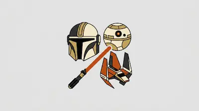 Flat illustration of a helmet, a spherical droid, a starship, and a glowing sword on a light gray background