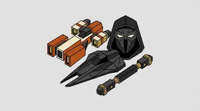 Flat illustration of an orange spaceship, a black hooded mask, and a mechanical staff on a gray background