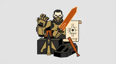 Flat illustration of a masked warrior holding an orange sword, a scroll, and a robotic gauntlet on a gray background