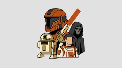 Flat illustration of a pilot in an orange helmet, a small droid, and a hooded figure on a light gray background