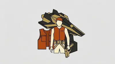 Flat illustration of a pilot in an orange vest standing before a geometric spaceship and a utility belt on a gray background