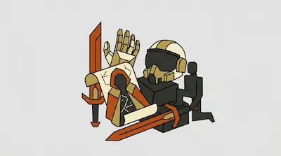 Flat illustration of a sci-fi helmet, orange swords, a robotic hand, and a small black figure on a gray background