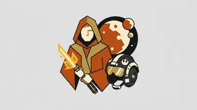 Flat illustration of a hooded figure holding a glowing sword, a pilot helmet, and a red planet on a grey background