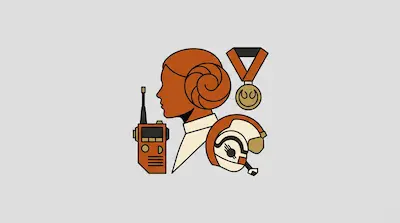 Flat illustration of a woman in profile with a bun hairstyle, a pilot helmet, and a medal on a gray background