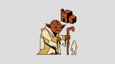 Flat illustration of a brown alien with a cane, a small human figure, and a blocky house on a gray background