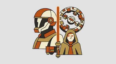 Flat illustration of a pilot in a helmet, a hooded figure, and a circular space station on a light grey background