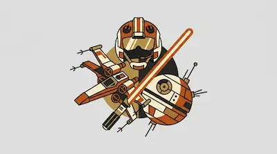 Flat illustration of a pilot helmet, an X-wing starfighter, and a lightsaber in orange and cream tones on a gray background
