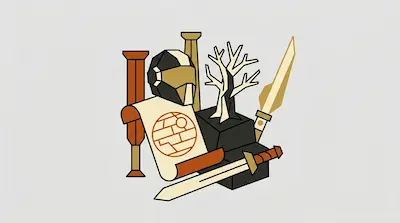 Flat illustration of a sci-fi helmet, a scroll with a circular emblem, a sword, and a spear on a light gray background.