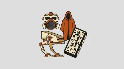 Flat illustration of a sci-fi helmet, a hooded robe, a mechanical walker, and a slab with a human figure on grey background