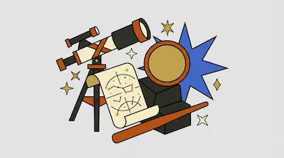 A telescope on a tripod is surrounded by a star chart, a large blue star, and several smaller stars.