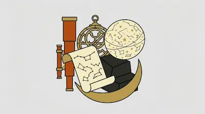 A collection of astronomical tools including a telescope, an astrolabe, a celestial globe, a star map scroll, and a crescent moon.