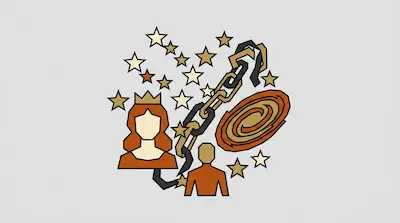 Flat illustration of a crowned woman, a small figure, a broken chain, and a galaxy surrounded by stars on a gray background