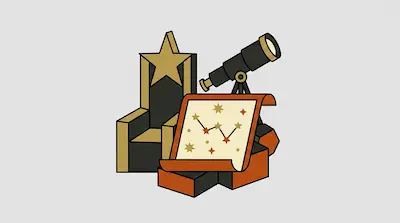 A stylized throne with a star on its backrest, a telescope, and a star map scroll.