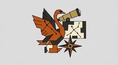 Flat illustration of an orange swan with a telescope, a star map, and a compass rose on a light gray background