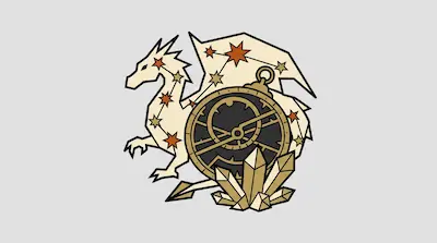 Flat illustration of a cream dragon with star constellations on its body, an astrolabe, and crystals on a gray background
