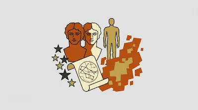 Flat illustration of two classical busts, a human figure, stars, and a star map scroll on a light grey background