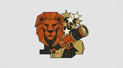 A geometric orange lion head with a telescope and a cluster of stars.