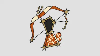 A geometric illustration of a bow and arrow integrated with a star constellation in orange, black, and gold.
