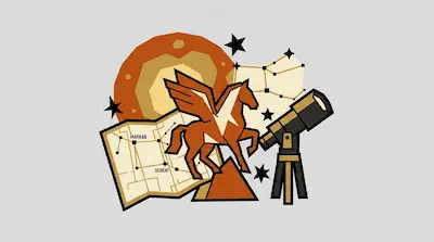 Flat illustration of a Pegasus constellation, a star map, and a telescope against a large orange moon and stars.