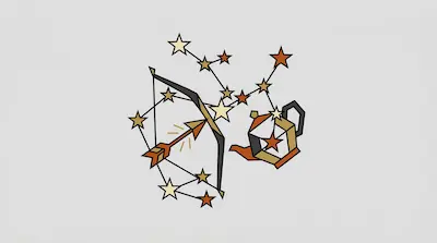 Flat illustration of a bow and arrow, a teapot, and a constellation of stars on a light gray background