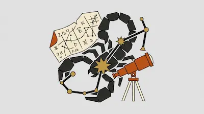 A geometric scorpion surrounded by a telescope, a star chart, and a constellation diagram.