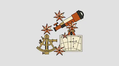 Flat illustration of a telescope, a sextant, and a star chart surrounded by compass stars on a grey background