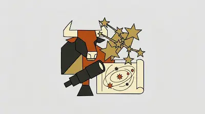 Flat illustration of a geometric bull, a telescope, and a star map with a constellation on a light grey background
