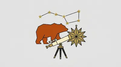 A stylized brown bear stands behind a telescope on a tripod, with a large gold star and a constellation above.