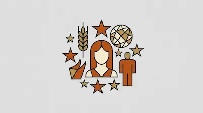 Flat illustration of a woman surrounded by stars, a wheat stalk, a globe, and a human figure on a gray background